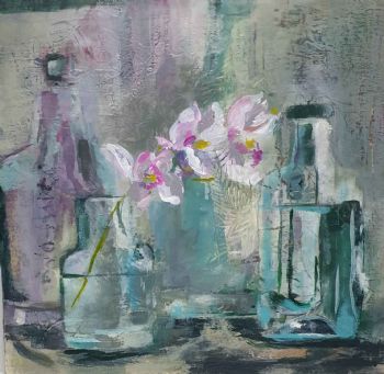 "Pink Orchid and Glass Bottles "