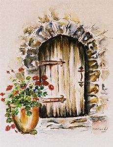 "Geraniums at a Farmhouse Door"