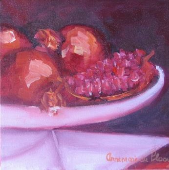 "Pomegranates on White Cake Stand"