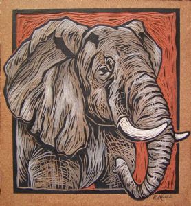 "Elephant - Coloured & Incised Woodcut Block 1/1"