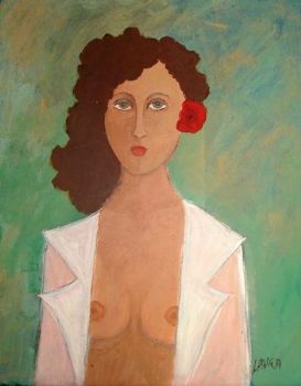 "Nude in a white blouse"