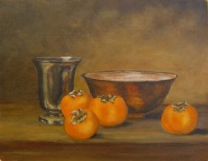 "Persimmons with copper bowl"