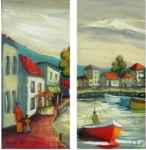 "Street and Harbour Scene (framed)"