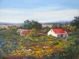 "Red Roofs and Veld Flowers"