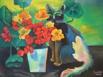 "Cat with nasturtuims"
