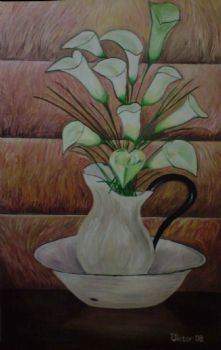 "Arum Lilies in enamel jug"