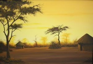 "Rural Huts at Dusk"