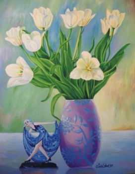 "White Tulips with ArtDeco Figurine"