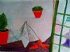 "Pink Tablecloth With Green Chairs"