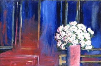 "White Roses on Blue and Red Background"