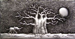 "Baobab Tree & Elephant 2 in Metal 1/1."