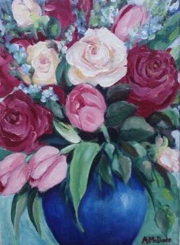 "Roses and Tulips in Blue Vase"