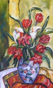 "Tulips and arums in chinese vase"