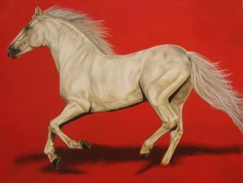 "Galloping White Horse Through Red"