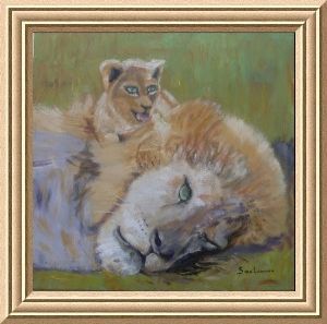 "Male lion and cub"