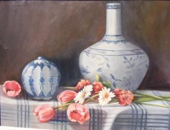 "Delft Vases and Pink Tulips"