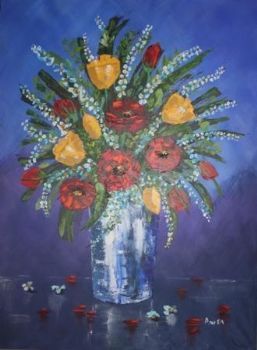"Red and Yellow Flowers in Glass Pot"