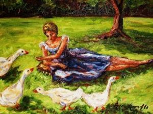 "Lady in Blue Feeding Ducks"