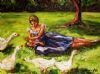"Lady in Blue Feeding Ducks"
