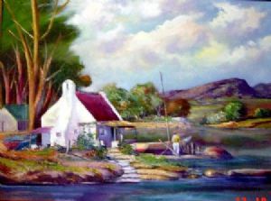 "Cape Cottage at Lake with Boat"