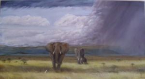 "Elaphant Family in Storm"
