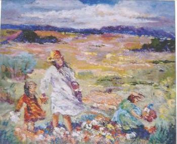 "Three children picking flowers in veldt"