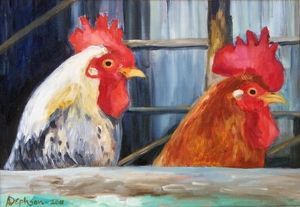 "Two Roosters in Coop"