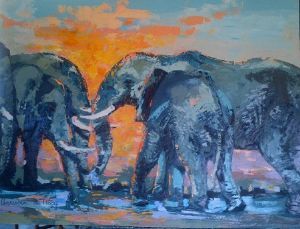 "Elephants at Water Hole"