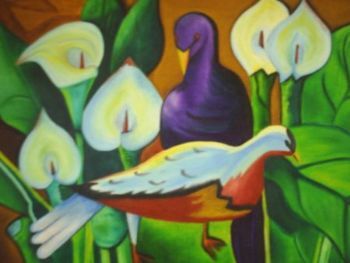 "Blue Pigeons Amongst Arum Lilies"