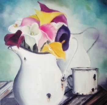 "Lilies in Enamel Jug"