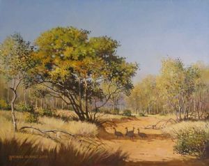 "Red Bushwillow and Guineafowl"
