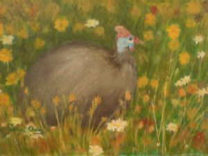 "Guineafowl Surrounded by Colourful Daisies"