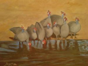 "Ginea-fowls drinking"