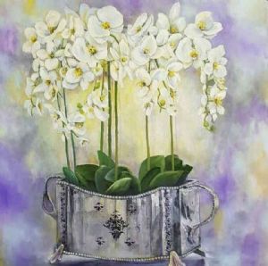 "Orchids in silver vase"