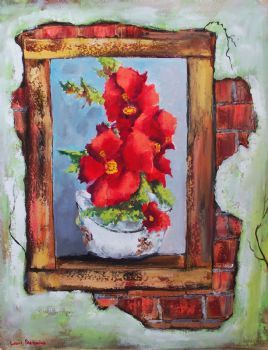 "Red Flowers in Window"